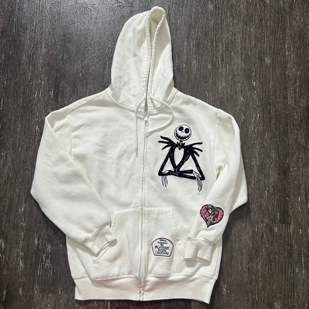 The Nightmare Before Christmas Jack Sally Embroidered Zip Hoodie Ivory S